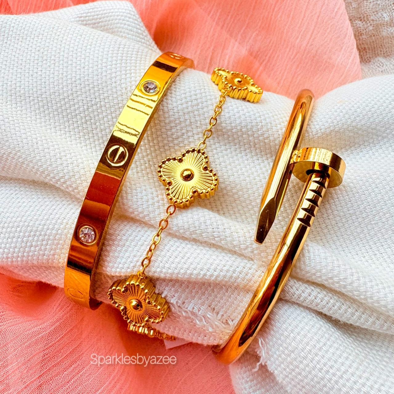 Set of 3 Bracelet Nail- Cartier- Gold Clover (18K Gold Plated)